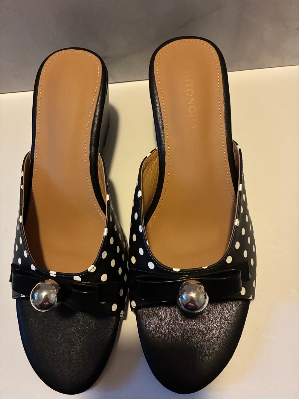 Polka Dot Black Slide Mules with Bow Accent